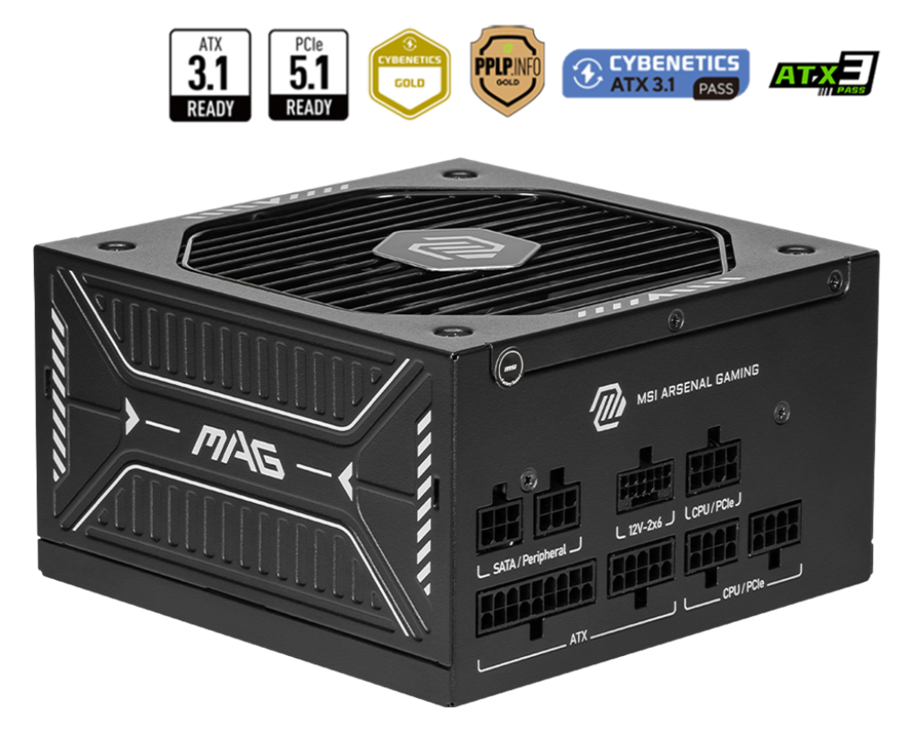 FUENTE ALIMENTACION MSI MAG A750GLS PCIE5,PSU,750W,80 PLUS GOLD,MODULAR,120MM,ACTIVE PFC,PCI-E 5.0 (16 PIN)X1,PCI-E (6+2 PIN)X4,SATA (15 PIN)X5