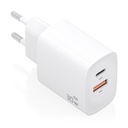 Cargador GaN 30W, 1xUSB-C PD3.0 QC4.0, 1xUSB-A QC3.0, Blanco