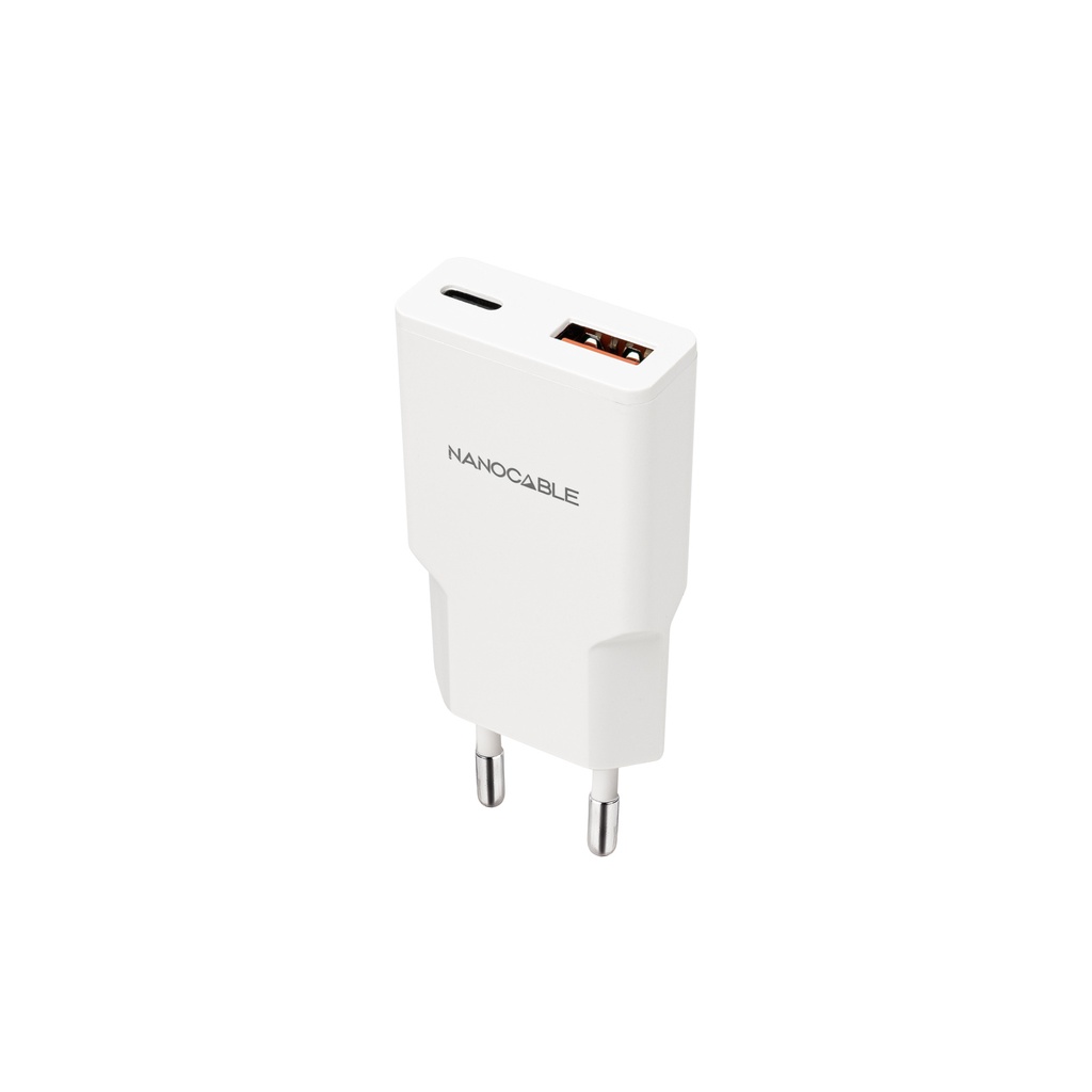 Cargador USB-C/PD 30W + USB-A/QC 30W, Blanco