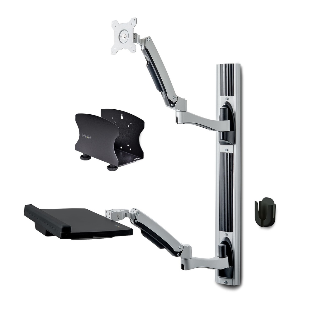 [2PASTSC-WALL-MOUNT] Estación de Trabajo Soporte de Pared para Monitor VESA de 27 Pulgadas (10kg) con Bracket para CPU / Ordenador y Bandeja para Teclado y Ratón - con Brazo Articulado para Monitor