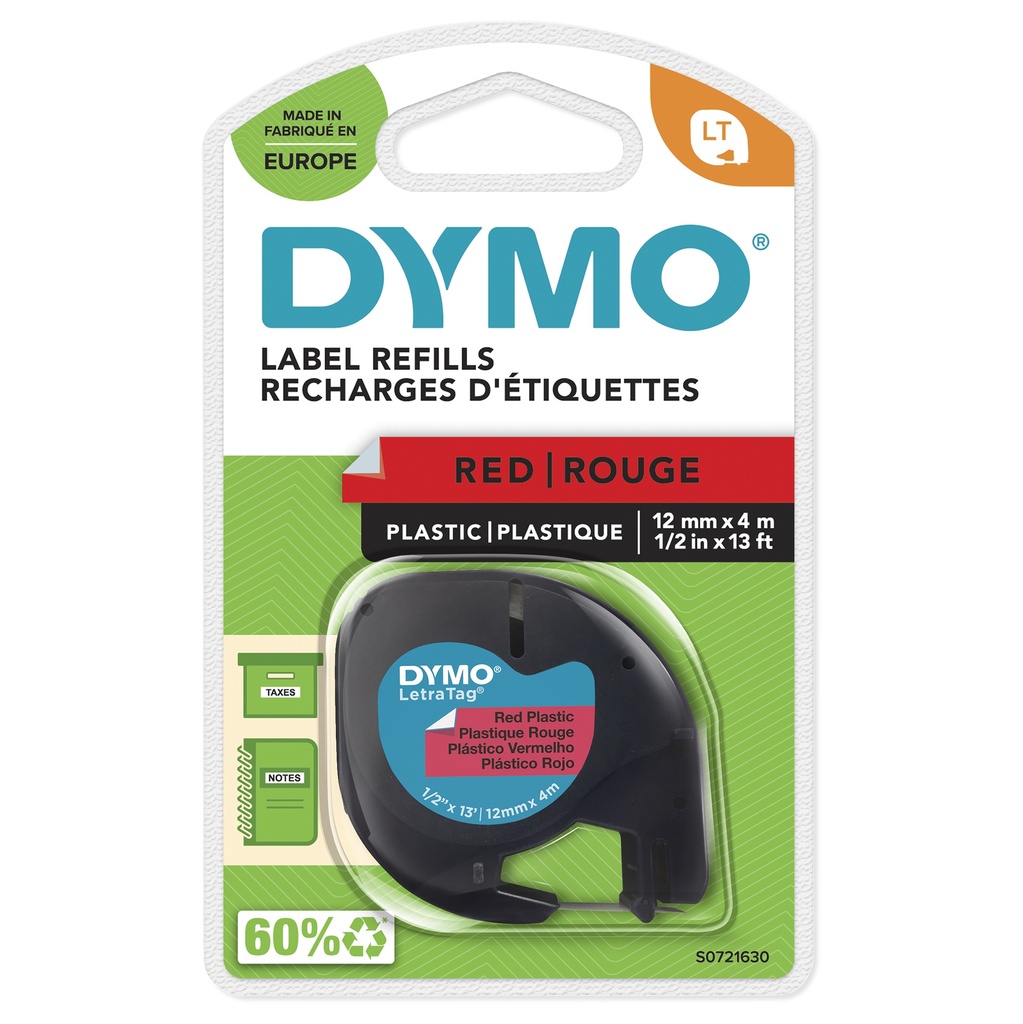 [S0721630] LT plástico etiquetas auténticas | Negro sobre rojo | 12 mm x 4m | para las etiquetadoras LetraTag | autoadhesivo