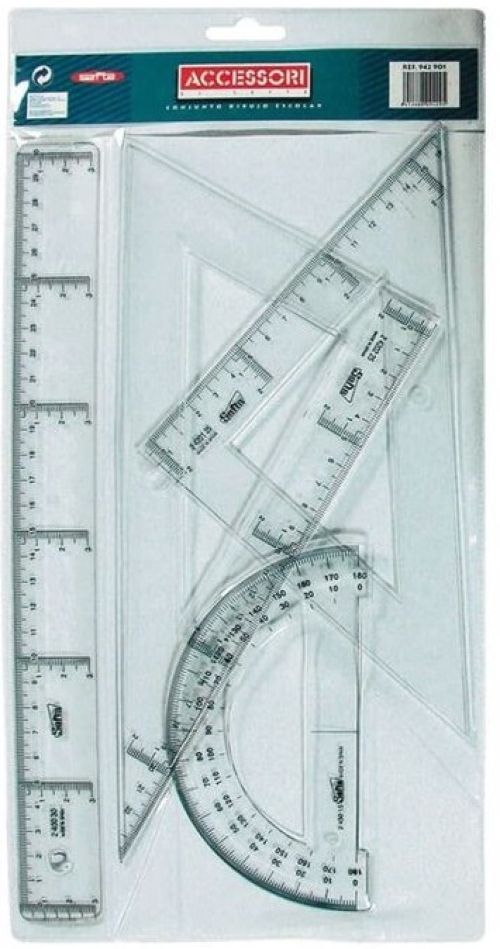 [942901] Conjunto dibujo escolar transparente Safta, regla 30 cm, escuadra y cartabón 25 cm, semicirculo 15 cm.
